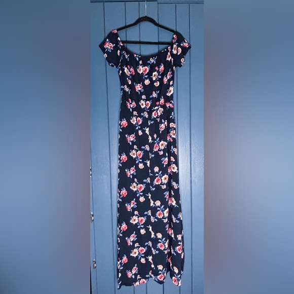 Navy Blue Floral Dress Size Large High Slit Built In Bodysuit Romance Romani - Picture 5 of 5